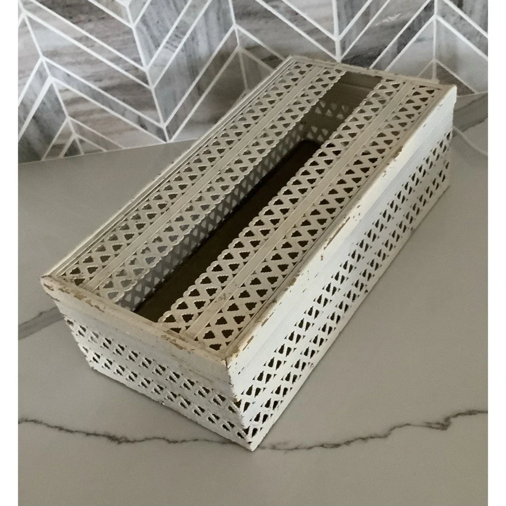 Vintage Metal Gold Cream Filigree Tissue Box Cover Hollywood Regency Felt Bottom